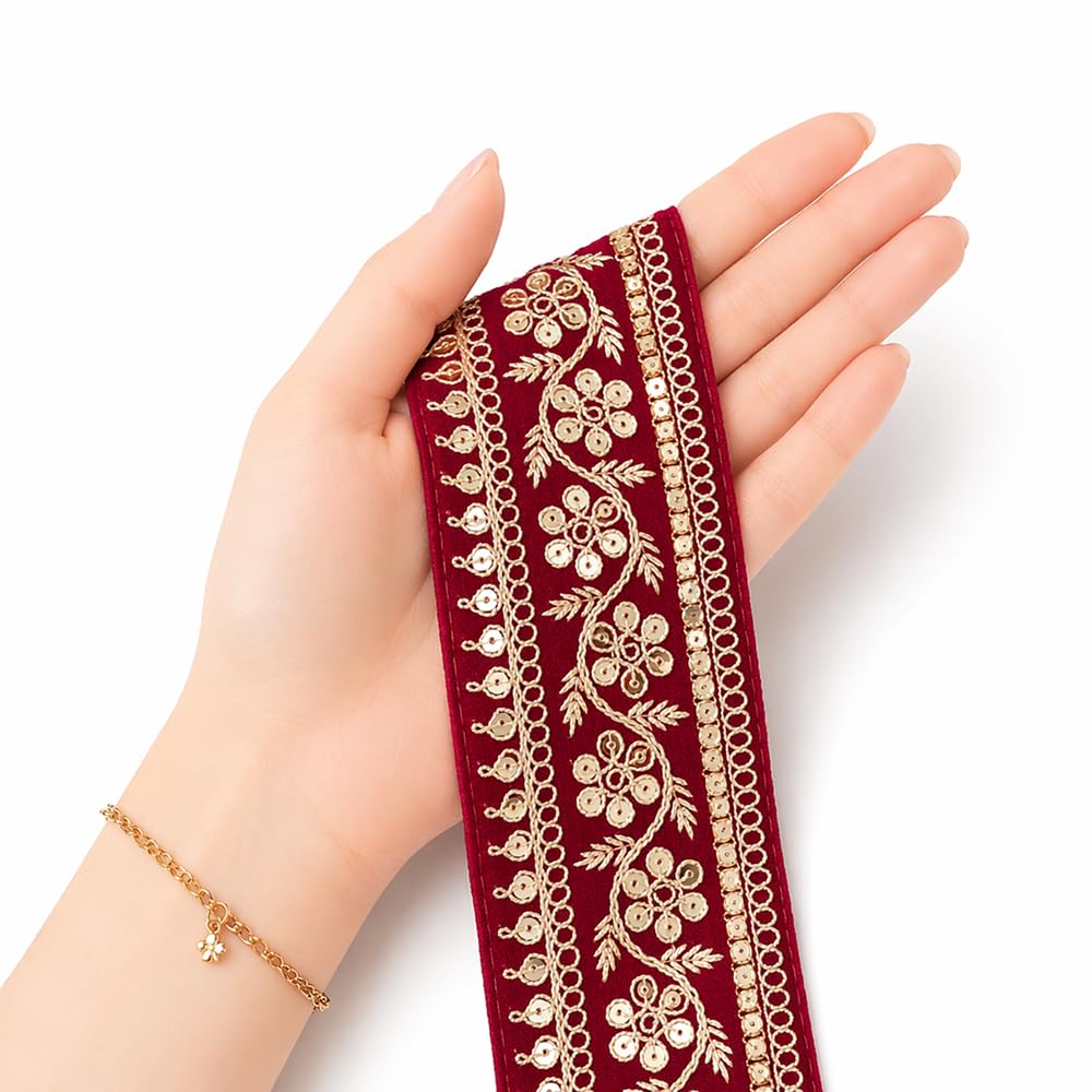CRAFTLOVE® Embroidered Velvet Lace Border | Heavy Zari Work | 8.5 Meter | for Saree, Dupatta, Lehenga, Blouse & Craft Decoration, Width - 6.5cm (Floral - Maroon)-image-19