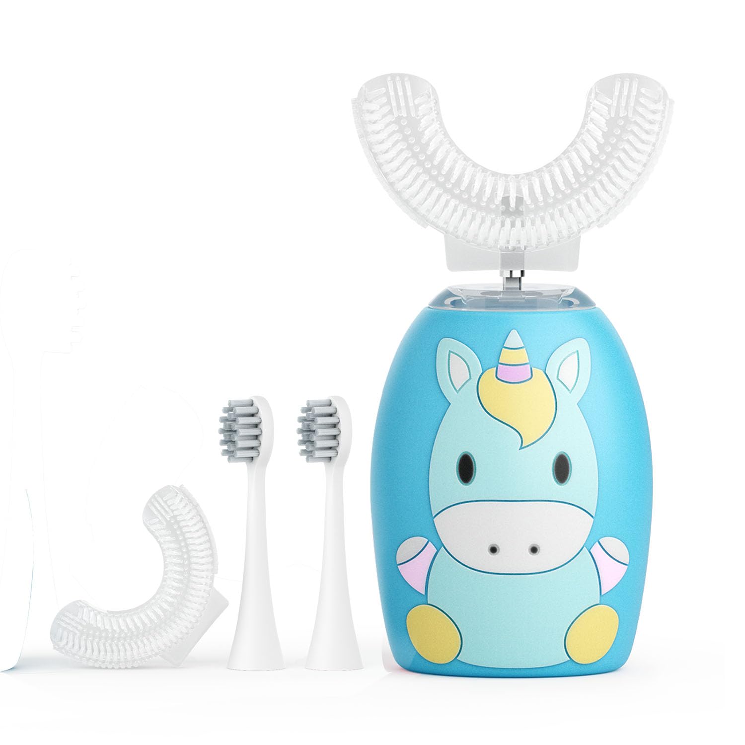 Spazzolino elettrico per bambini con testina a forma di U, pulizia automatica dei denti a 360 gradi con 4 testine morbide, timer, 2 modalità, impermeabilità IPX7, blu