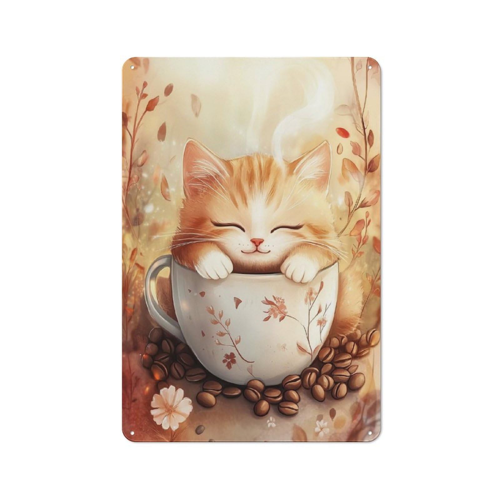 Junmoney Style-2 Tin Wall Plaque 30X20cm With Cute Kitten In Coffee Cup For Café Or Restaurant, Housewarming Present For People Styling Café And Restaurant