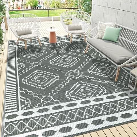 Homcomoda Outdoor Rug Waterproof 5×8 ft Boho Plastic Straw Rug Portable RV Camping Mats Reversible Outdoor Rugs for Patios Porch Deck Backyard Cover