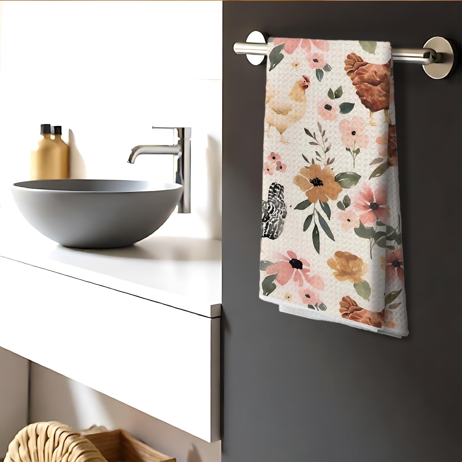 Chicken Kitchen Towels, Chicken Dish Towels, Chicken Gifts for Women, Chicken Mom Lady Gifts, Chicken Gifts for Chicken Lovers, Chicken Floral Hand Towels for Bathroom, 16x24 Inch image 5