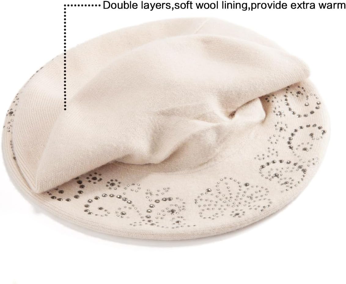 LADYBRO Rhinestone Beret Hats for Women 2 Layers Wool French Knit Cap Lady Winter Black - Image 3