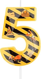 3D Construction Birthday Candles for Cake, Yellow and White Stripes Candle, Number 5 Candle Happy Birthday Cake Topper for Boys Construction Birthday Party Decorations Supplies Favors Gifts