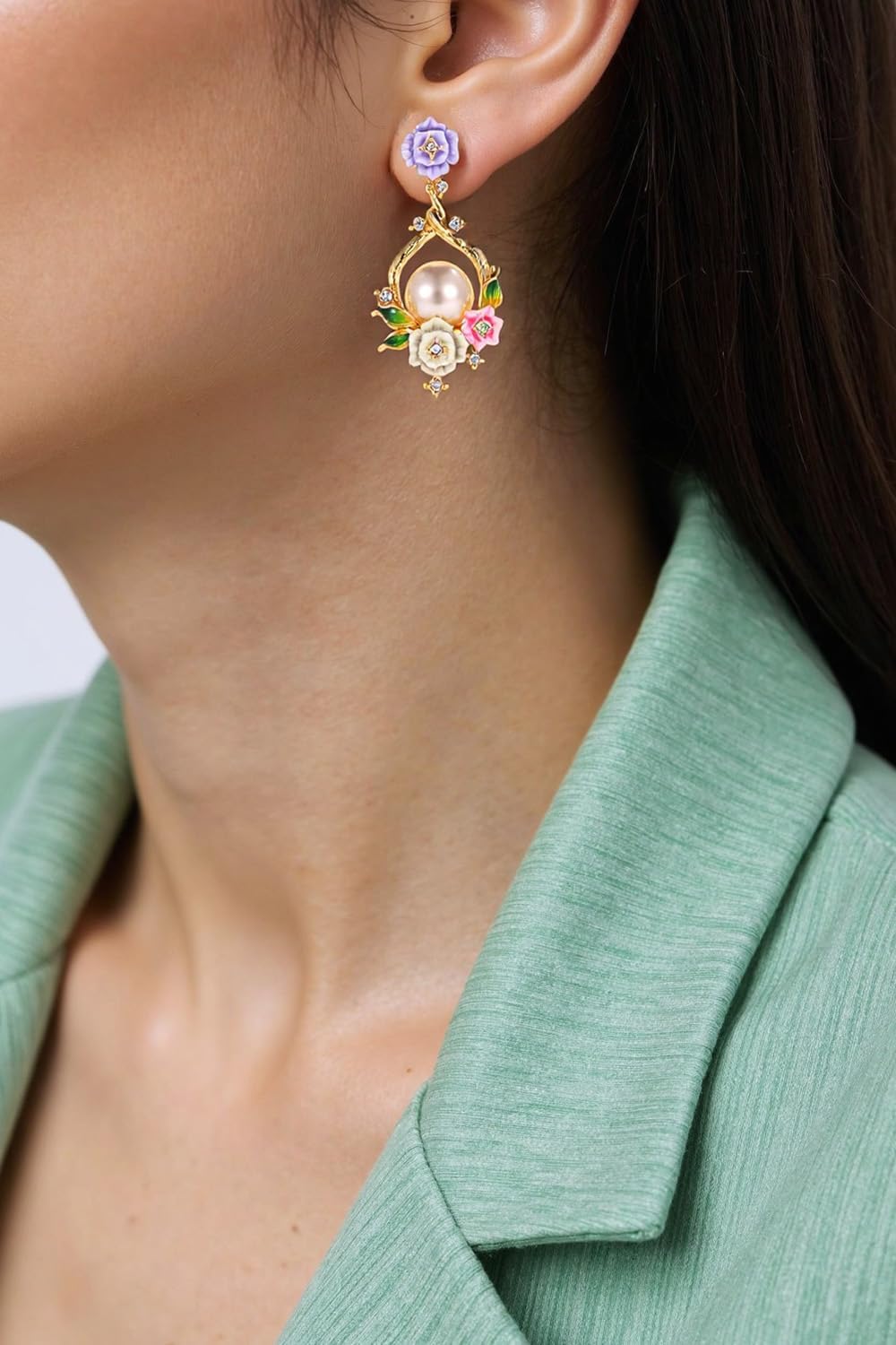 Pearl Drop Earrings for Women - Asymmetrical Handmade Enamel Rose Flower Design Jewelry, 925 Silver Hypoallergenic Anniversary & Birthday Gift