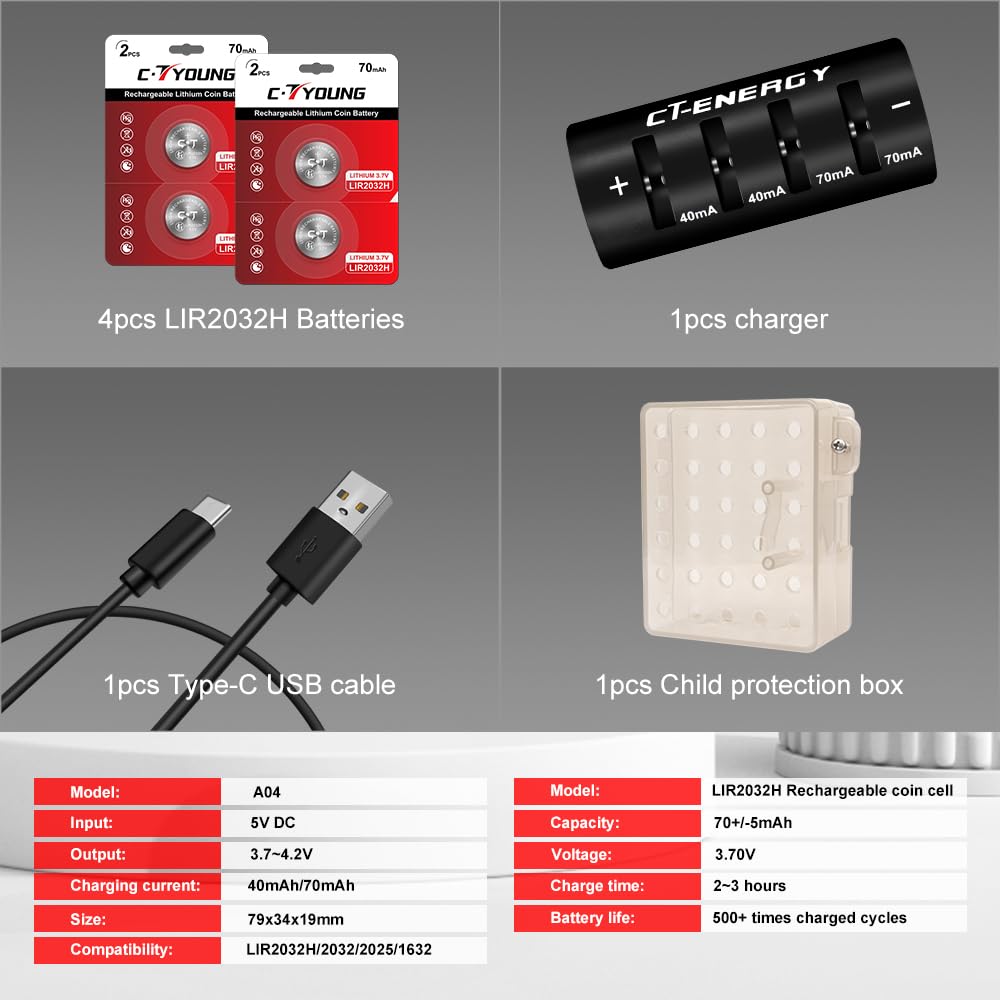 LIR2032 Akku Wiederaufladbarer Batterieladegerät mit hoher Kapazität 3,7V 70mA und 4 Stück Knopfzellen - Ersatz für Coin Cell Lithium ML2032 （mit Verschließbarem Aufbewahrungsbox für mehr Sicherhei