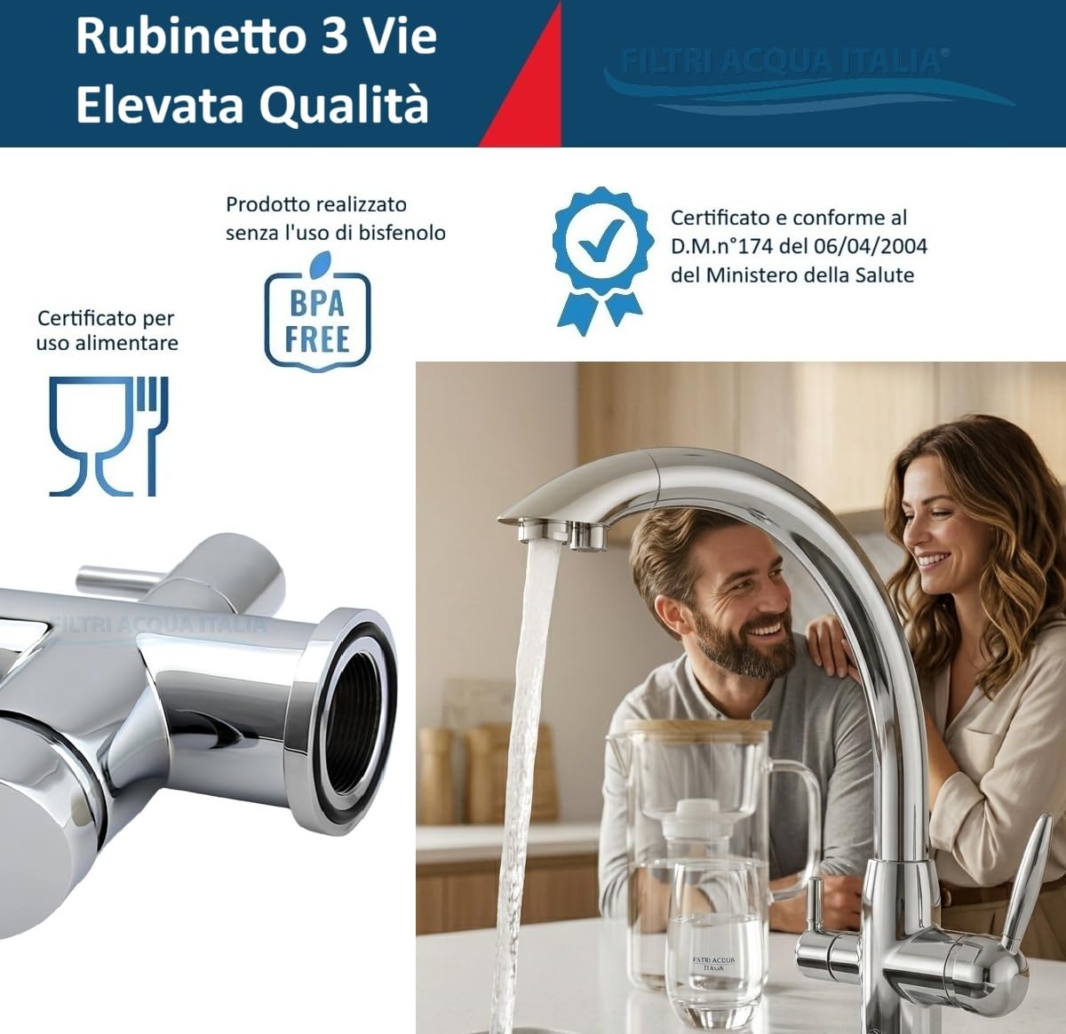 Rubinetto 3 Vie Depuratore Acqua Osmosi Inversa Calda Fredda Filtrata