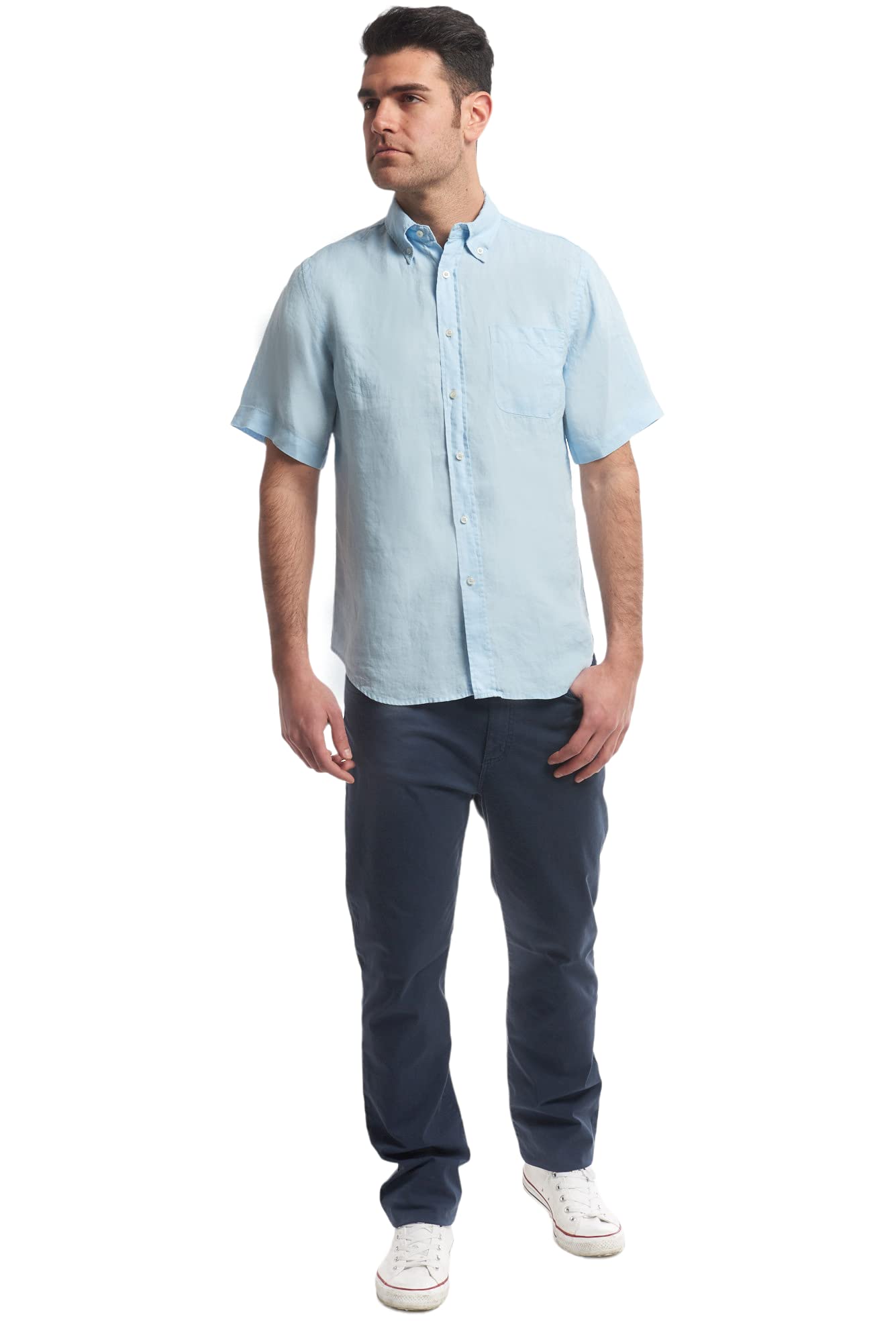 Herrenhemd aus reinem Leinen, Typ T Shirt für Herren, halbe Ärmel, in 5 Farben, Weiß, Hellblau, Grün, Avio, Blue Label von S bis 3XL, Himmelblau, XXXL
