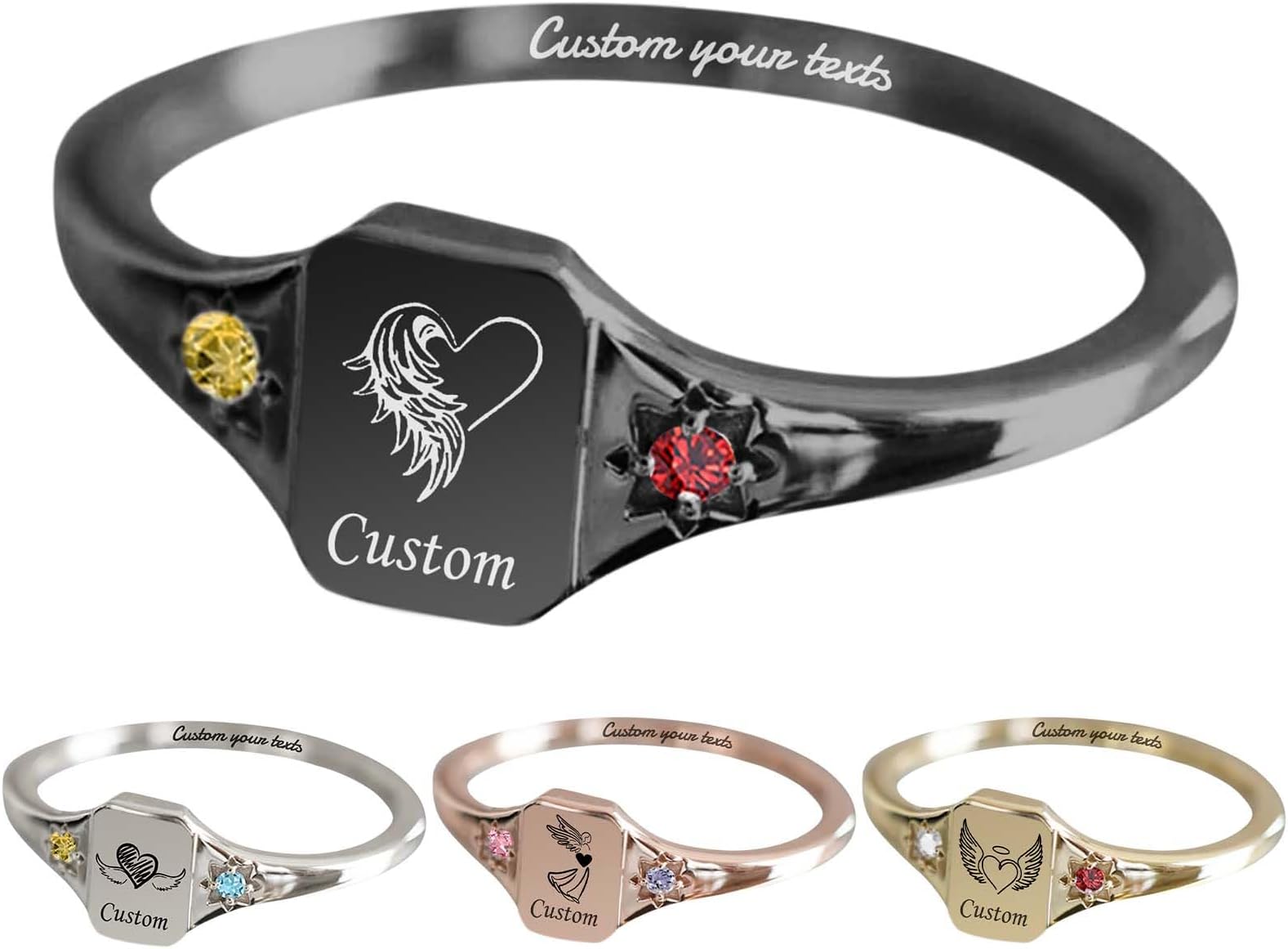 In Loving Memory with Wing Custom Name Ring Personalized Birthstone Rings for Women Personalized Engraved Ring with Angel Wing Memorial Rings Gifts for Loss of Loved One Mom Dad