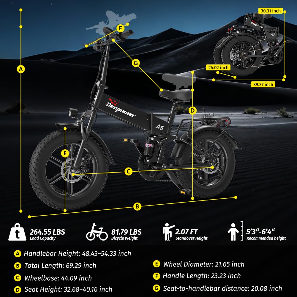 DEEPOWER A5 Vélo Électrique, Batterie Amovible 48V 15.6Ah, Autonomie 110 KM, Moteur Couple 85 N·m, Vélo Électrique Pliable pour Adultes Pneus Large 20'' x 4.0, 7 Vitesses, Suspension Complète
