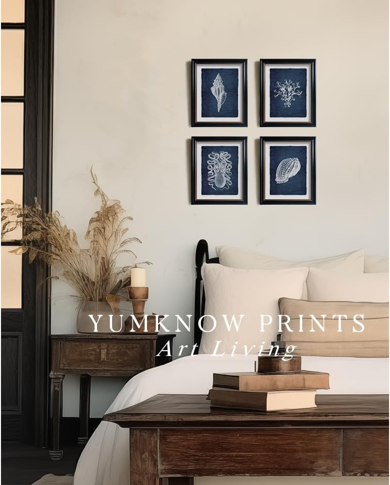 Navy Blue Nautical Themed Wall Art - Sea Shell Grass Octupus Poster Print - Ocean Sea Creature Pictures for Beach Cabin - Rustic Farmhouse Kitchen Bathroom - Vintage Gift Small Coastal Art Wall Décor
