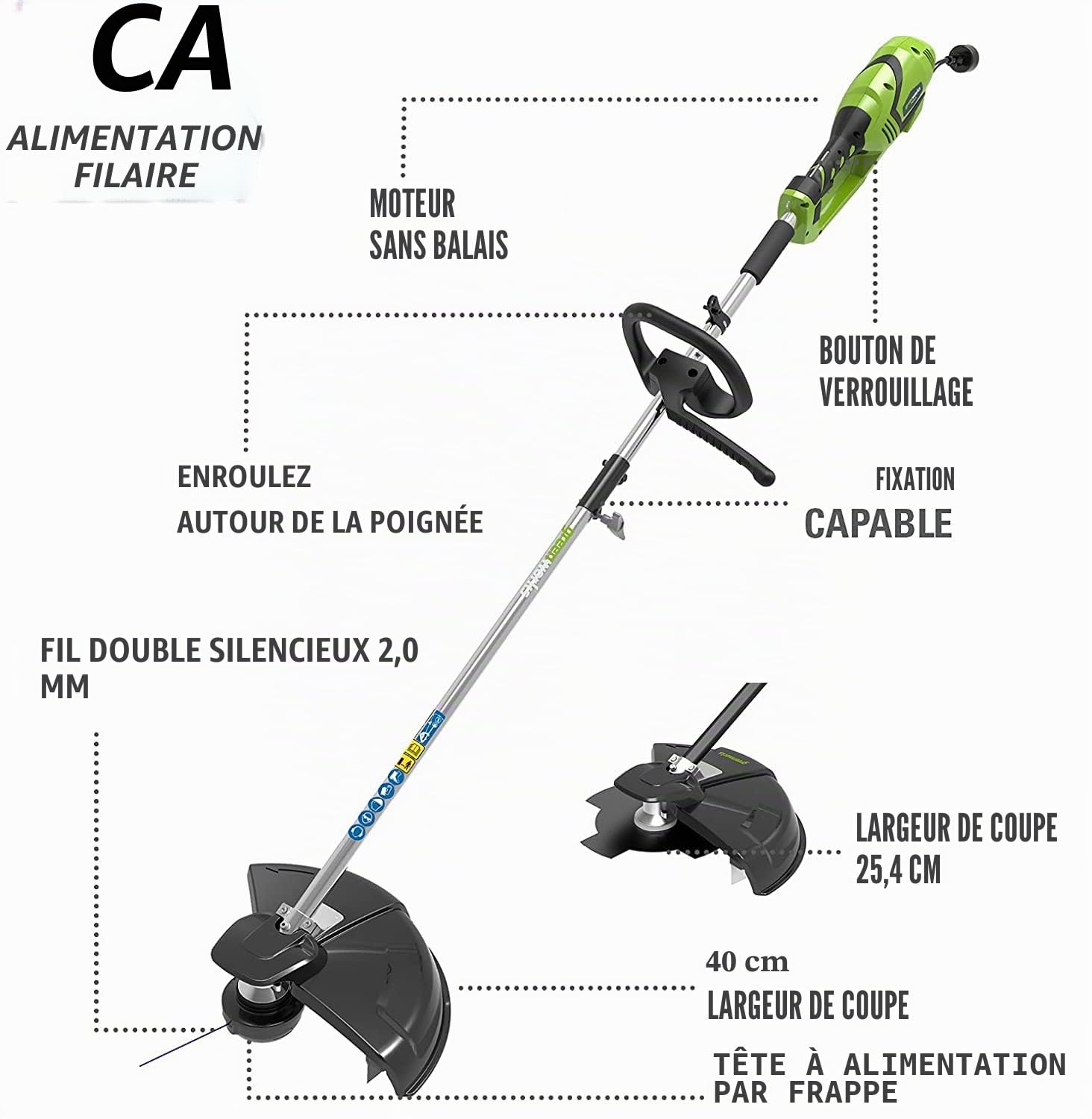 Greenworks Coupe-bordure & Débroussailleuse à Fil Électrique 230V 40cm, Lame de Débroussailleuse