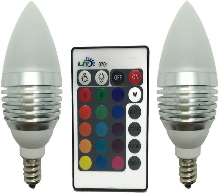 LJY 2-Pack E12 Candelabra 3W RGB LED Light Remote Control Color Changing Candle Lamp Bulbs AC 110V