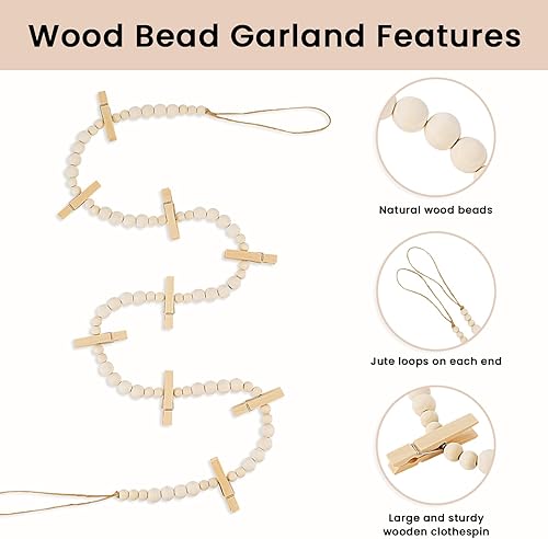 Miniatura 6 de KLOGTSIND Decoración de pared para colgar fotos, 2 unidades, guirnalda de cuentas de madera bohemia con 9 clips de madera para dormitorio, sala de