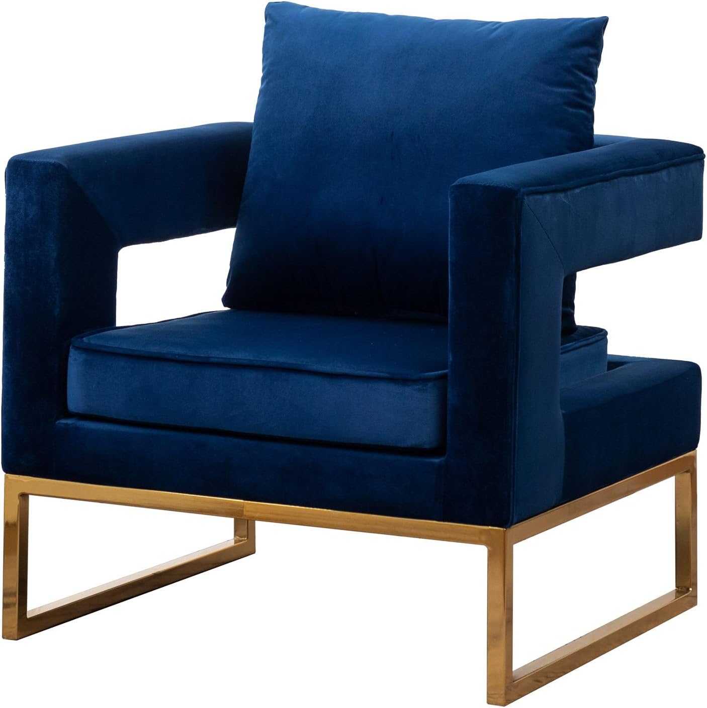 Elegant Velvet Accent Armchair with Sturdy Gold Frame – Modern Pillow Back and Cut-Out Arm Design – Ideal for Living Room, Bedroom, or Office – Plush Seating for Sophisticated Home Decor (Blue)