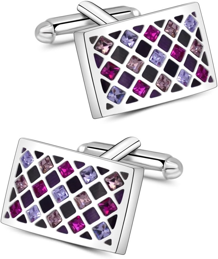 Mr.Van Mens Cufflinks Rhodium-Plated Brass with Crystals - 20x13mm Rectangular Design - Includes Velvet Gift Pouch