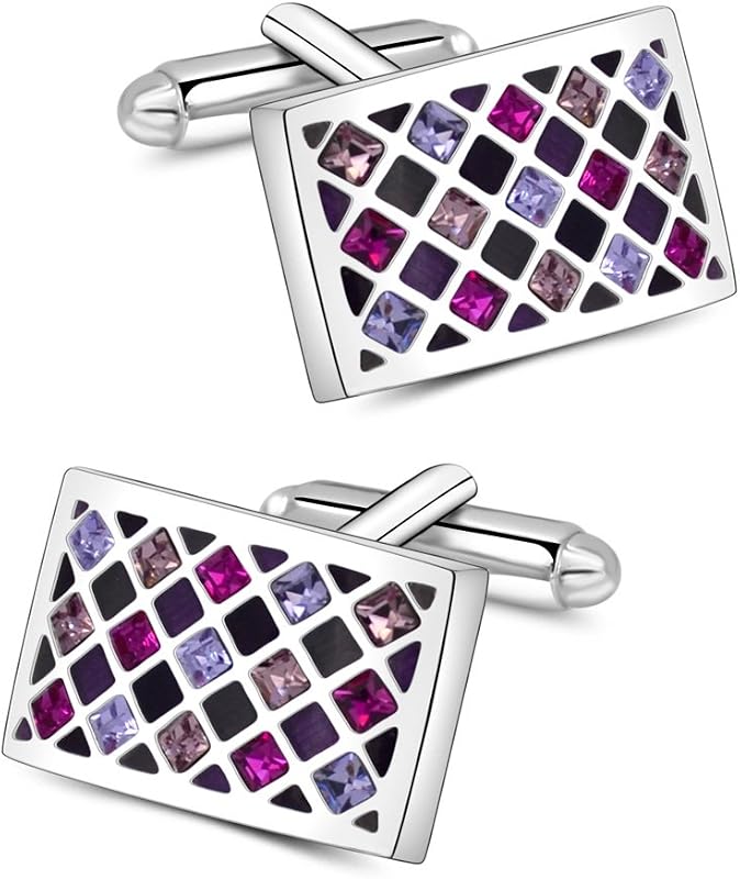 Mr.Van Mens Cufflinks Rhodium-Plated Brass with Crystals - 20x13mm Rectangular Design - Includes Velvet Gift Pouch