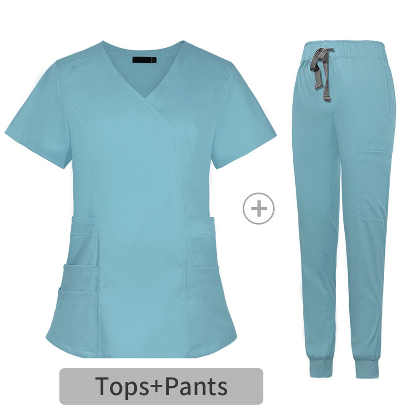 Colcolo Pflegeuniform Damen Kasack Jogginghose Set Arbeitskleidung V Ausschnitt Kurzarm Oberteil Mehrfachtaschen Elastischer Bund Atmungsaktiv Fü, Hellblau, m
