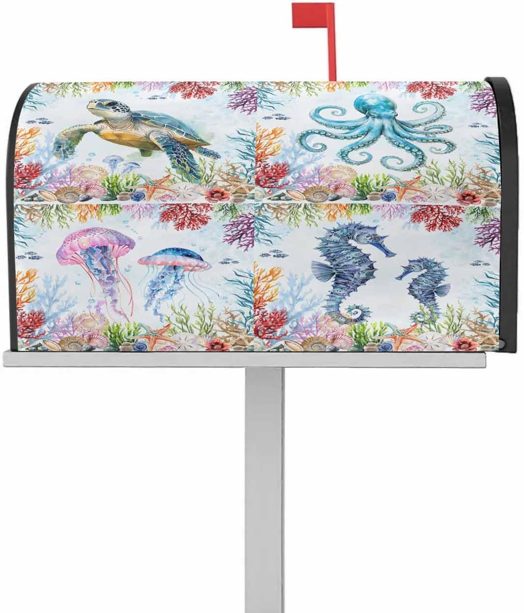 Blue Coastal Mailbox Covers Magnetic Standard Size,Summer Beach Sea Turtle Octopus Jellyfish Seahorse Decorative Post Letter Numbers Box Wrap Covers Small Accessories for Garden Yard Outdoor Décor
