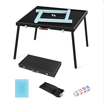 23.6" Portable Mahjong Set,Folding Game Table,Folding Card Table w/144pcs 30mm Mahjong Set,Mahjong Storage Bag X1 & Dice X4,4-Player Tabletop Game Blue