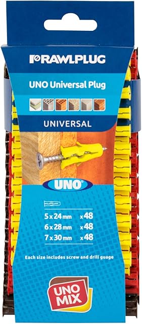 Rawlplug Uno Universal Wall Plugs Set 6, 7, 8 mm | Rawl Plugs for Plasterboard, Masonry, Brick, Concrete | Solid Wall Plug Anti Rotation Features | Plasterboard Fixings Plug Pack of 144,Multicolour