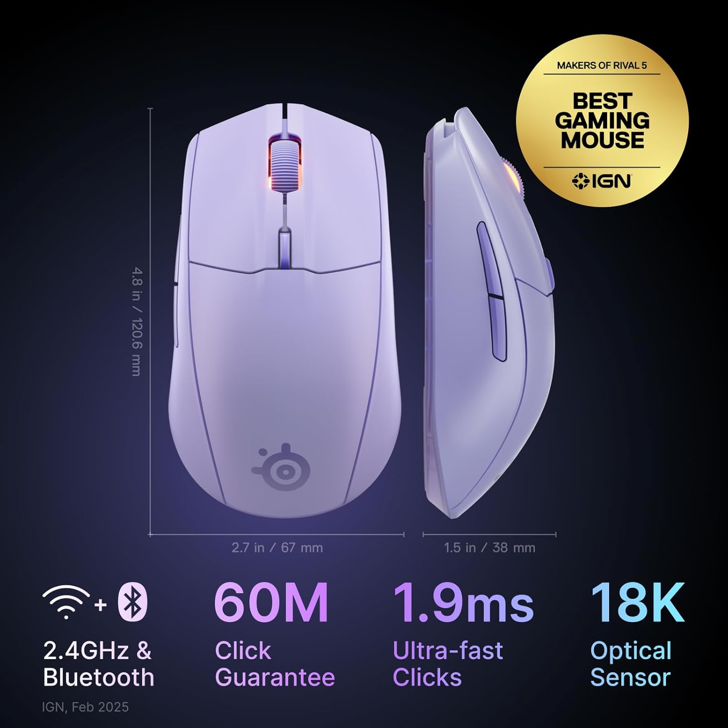 SteelSeries Rival 3 Wireless Gen 2 Gaming Mouse — 2.4GHz and Bluetooth — 18000 DPI TrueMove Air Optical Sensor — 60 Million Click Durability — Light-Weight — 100% PTFE Feet — Lavender - Image 2