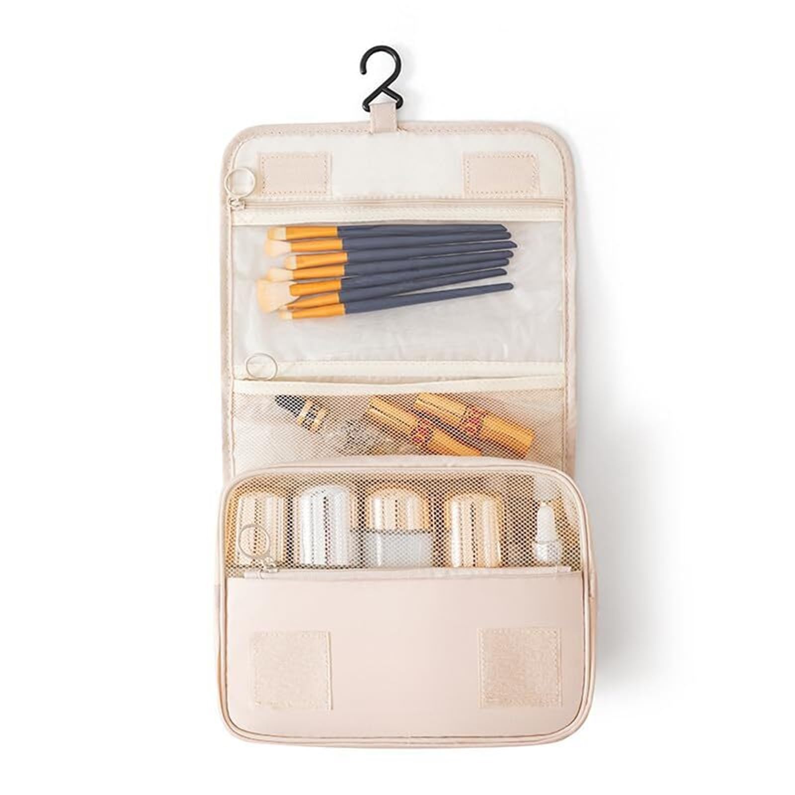 Neceser Maquillaje Bolsa de Aseo con Gancho for Colgar, Resistente al Agua, Organizador de Viaje for artículos de tocador de tamaño Completo. Viaje(Beige)