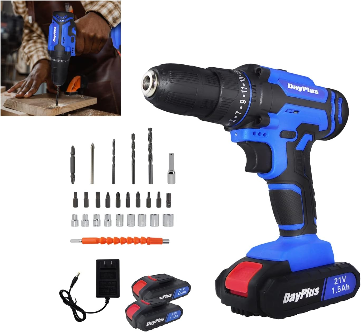 Taladro Atornillador Inalámbrico HSHa 21V con LED, 45Nm, 2 Baterías