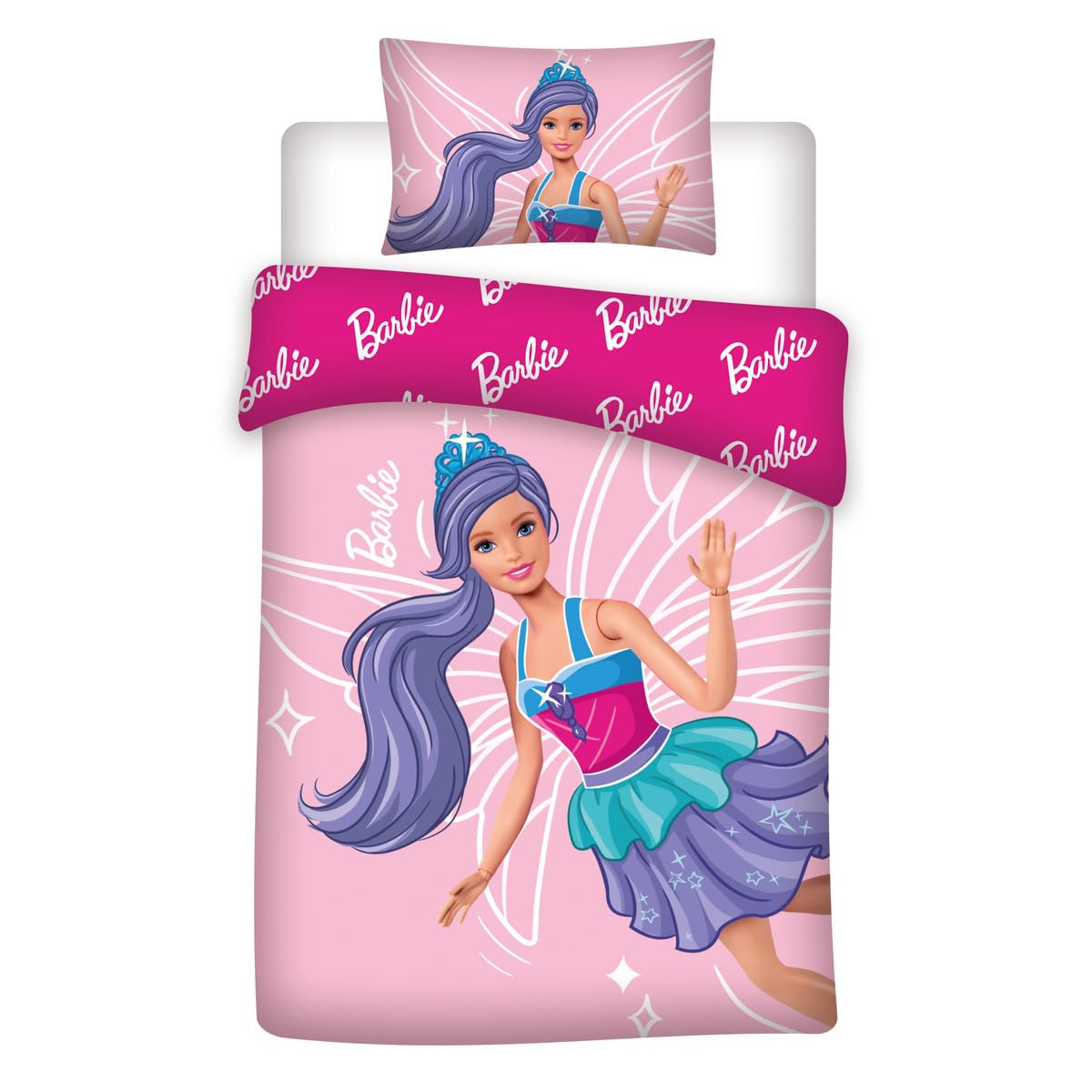 Barbie Pink Déco Fille - Reversible Cotton Baby Bedding Set - Duvet Cover 100 X 135 Cm - Pillowcase 40 X 60 Cm