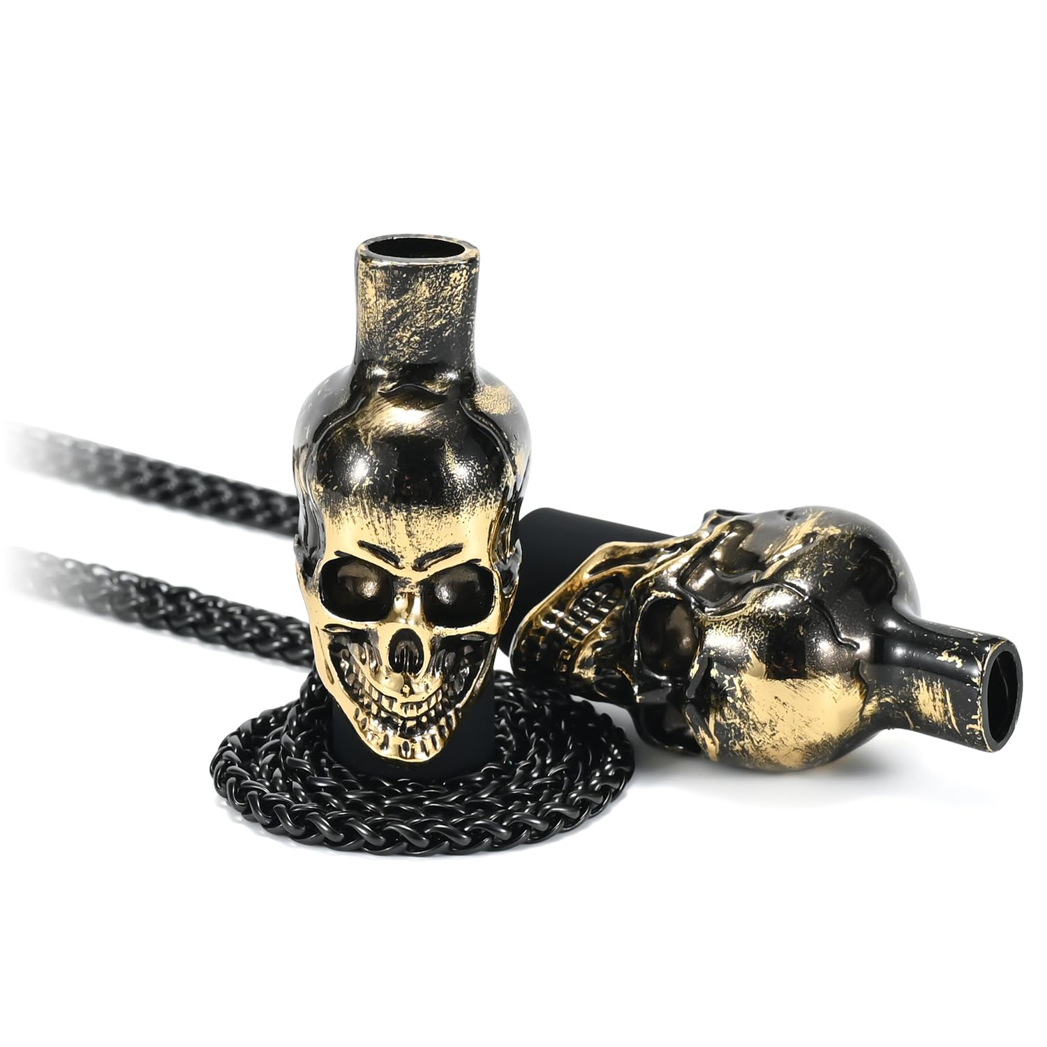 Hookah Mouthpiece Skull Design Reusable Stainless Steel 2PC Set with Chain Portable Bag Universal Fit for Hookah Hoses