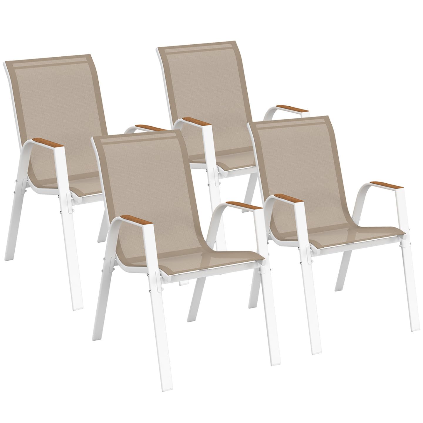 IDMarket - Juego de 4 sillas de jardín apilables NOUMEA en metal y textileno en blanco y madera