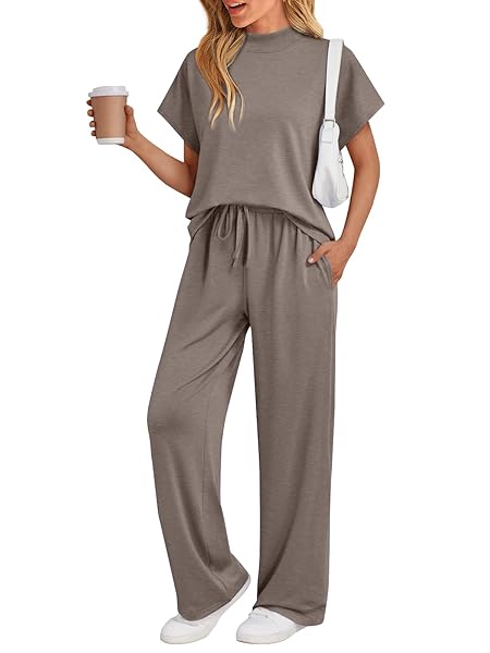AUTOMET Women's 2 Piece Matching Lounge Sets 2026 Summer Mock Neck Sweatsuits Short Sleeve Loungewear Travel Outfits