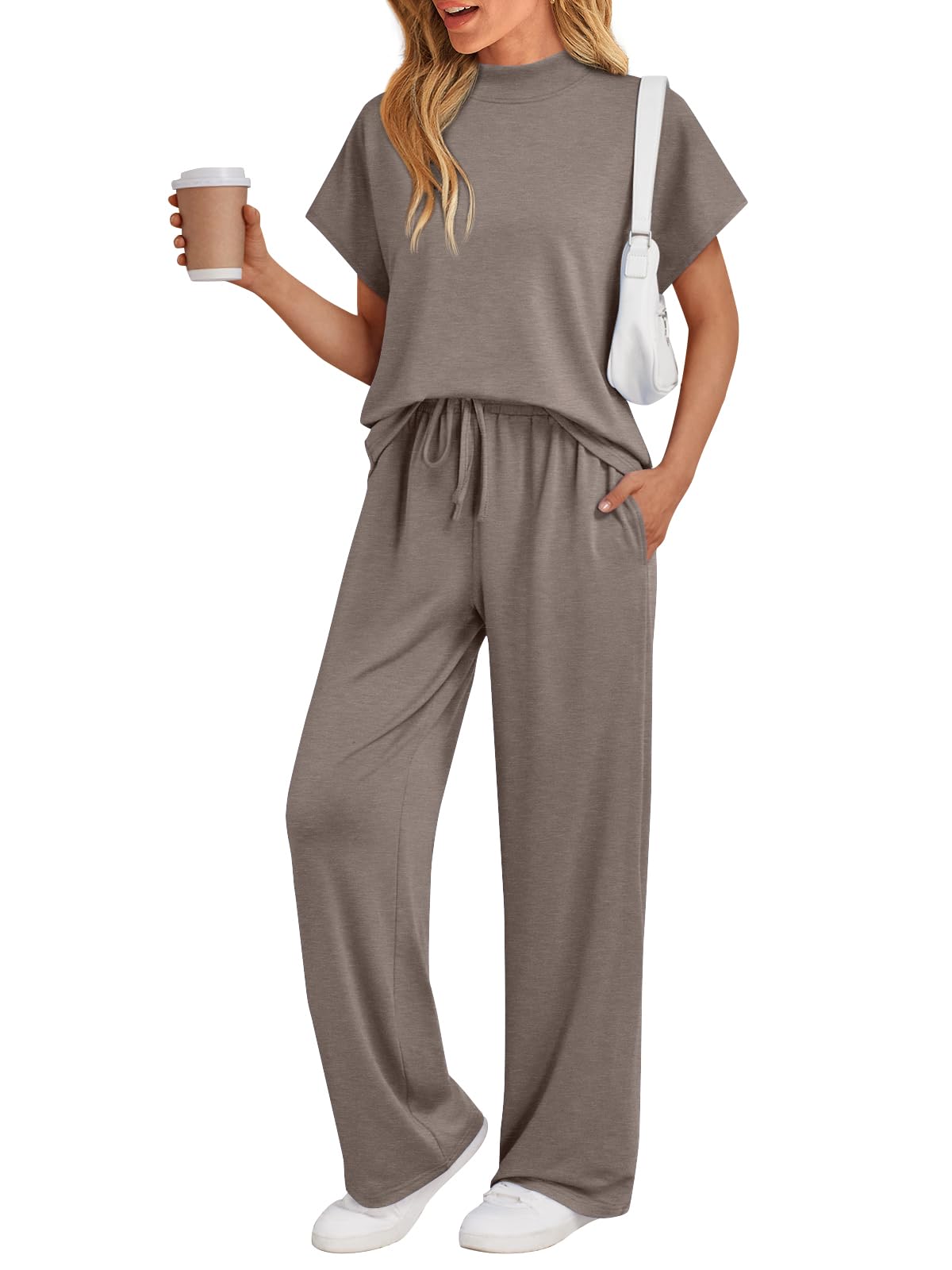 AUTOMET Womens 2 Piece Matching Lounge Sets 2026 Summer Mock Neck Sweatsuits Short Sleeve Loungewear Travel Outfits