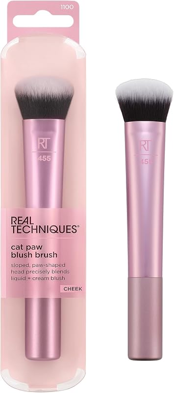 Brocha de colorete para patas de gato, brocha de maquillaje líquida y cremosa | Color natural de mejillas con brocha de colorete para mejillas, brocha de colorete en ángulo y brochas de maquillaje suave
