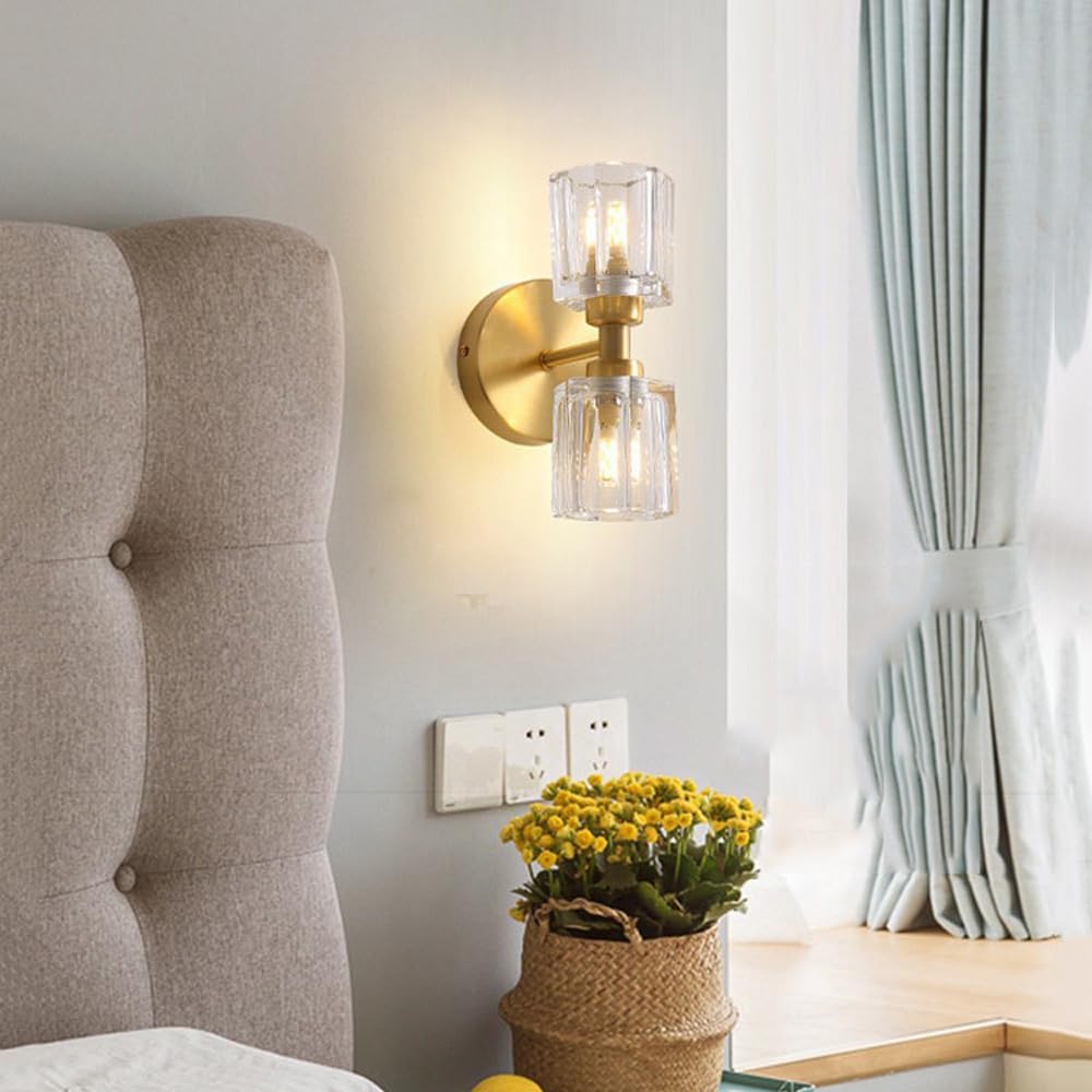 2 Applique da Parete in Ottone E Cristallo con Luce Verso l'Alto E Verso Il Basso per Interni Bagno Lampada da Parete Lineare Vintage Lampada da Parete in Vetro Lampade da Parete per Camera da Letto