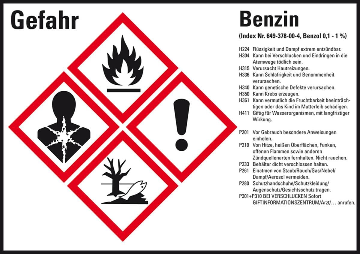 Gefahrstoffetikett Benzin, GefStoffV/GHS/CLP, Folie, 105x74mm, 8/Bogen