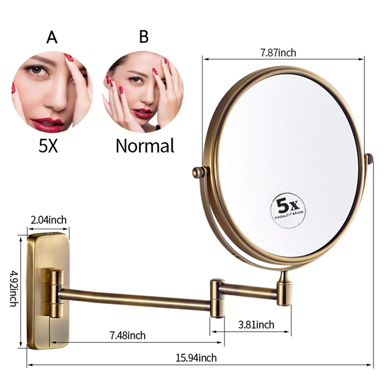Specchio da trucco da parete da 20,3 cm con rotazione a 360° e funzione di ingrandimento, braccio pieghevole estensibile per bagno