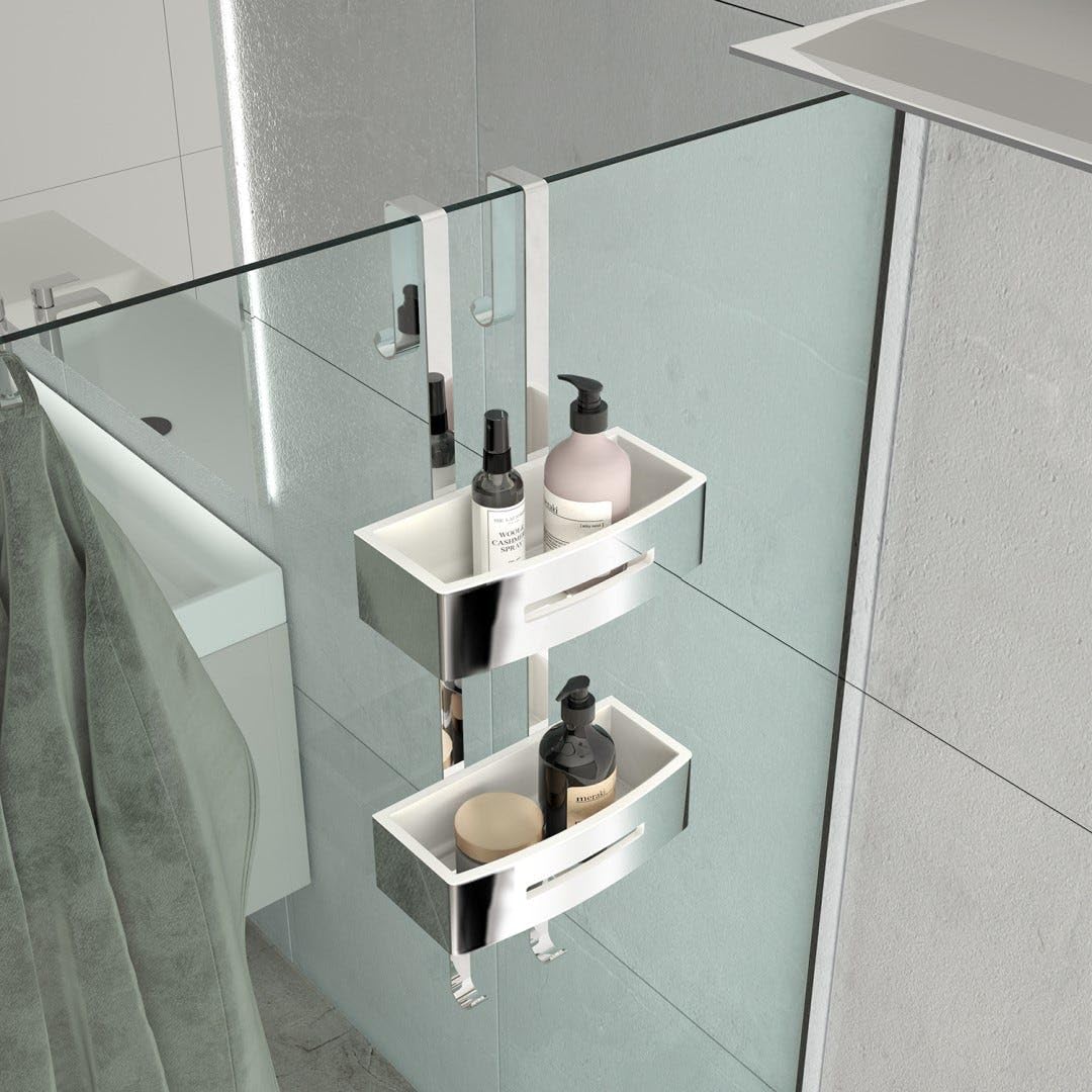 Kiamami Valentina Portaoggetti Doccia Doppia Griglia Acciaio Cromato Peonia | Da appendere senza fori, acciaio inox AISI 304, inserti bianchi, 2 griglie, 24x58,4x18,7 cm, ganci multiuso