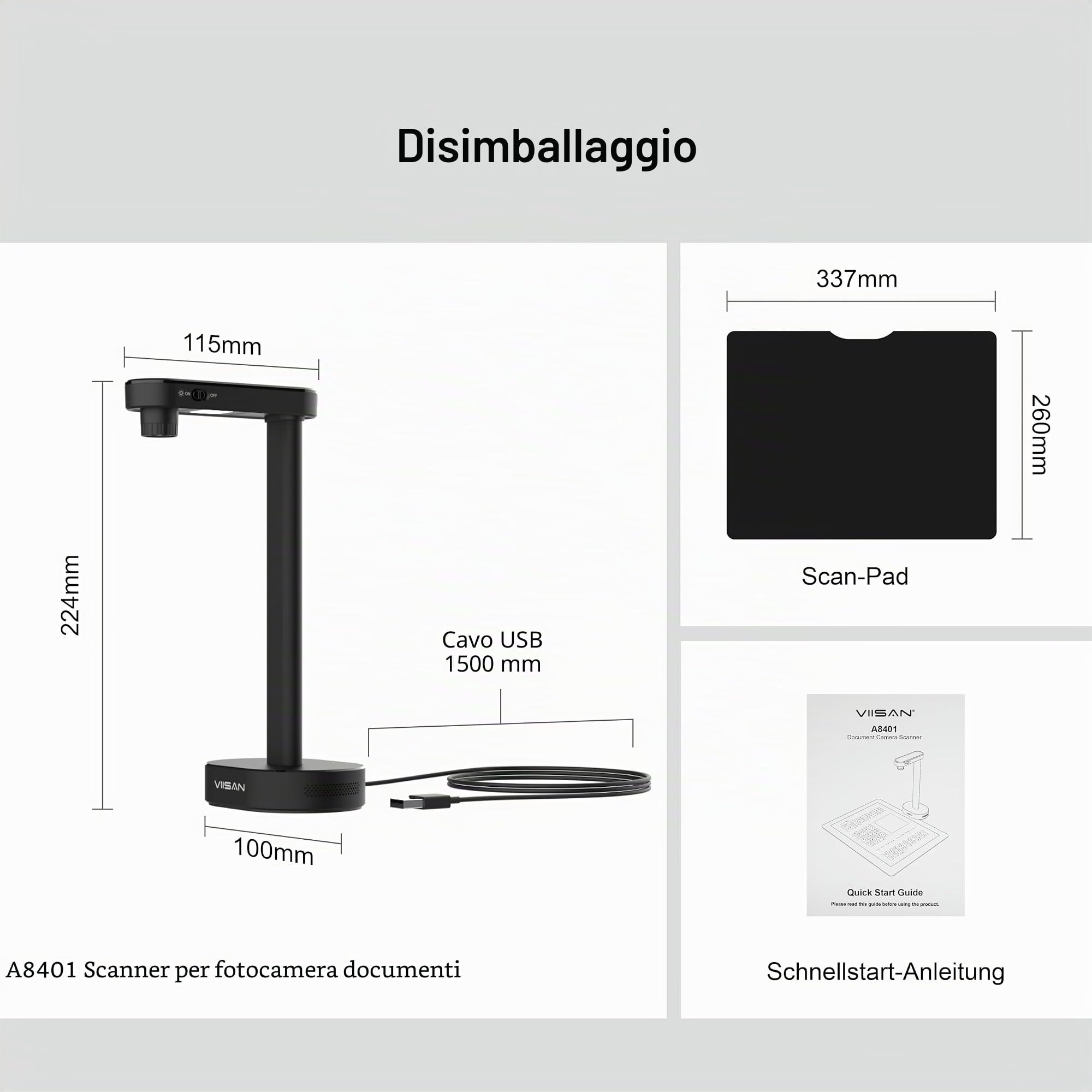 VIISAN Scanner documenti, 16 MP, USB, portatile, dimensione di registrazione A4, Deskewing, scansione di documenti multipagina, OCR & TTS Tech, funziona con Windows & MacOS