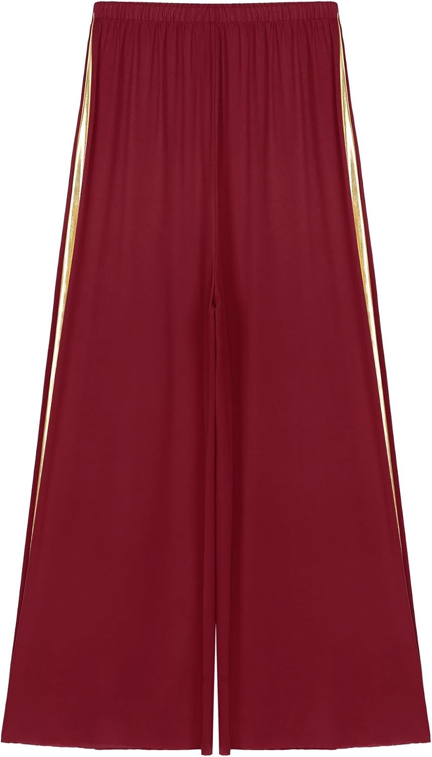 Women's Liturgical Praise Dance Pants Church Performance Wear | Wide Leg Worship Dance Trousers with Metallic Side Panels and Elastic Waist for Choir, Ministry, Lyrical Dance