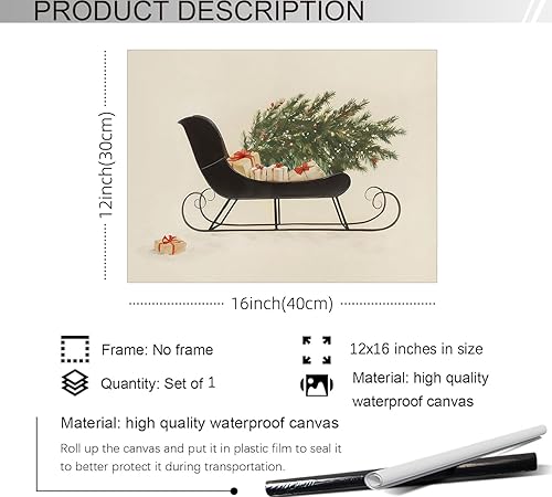 Miniatura 2 de Lienzo de trineo de vacaciones de invierno, arte de pared, póster vintage de árbol de Navidad, pintura botánica retro de pino, impresiones para sala