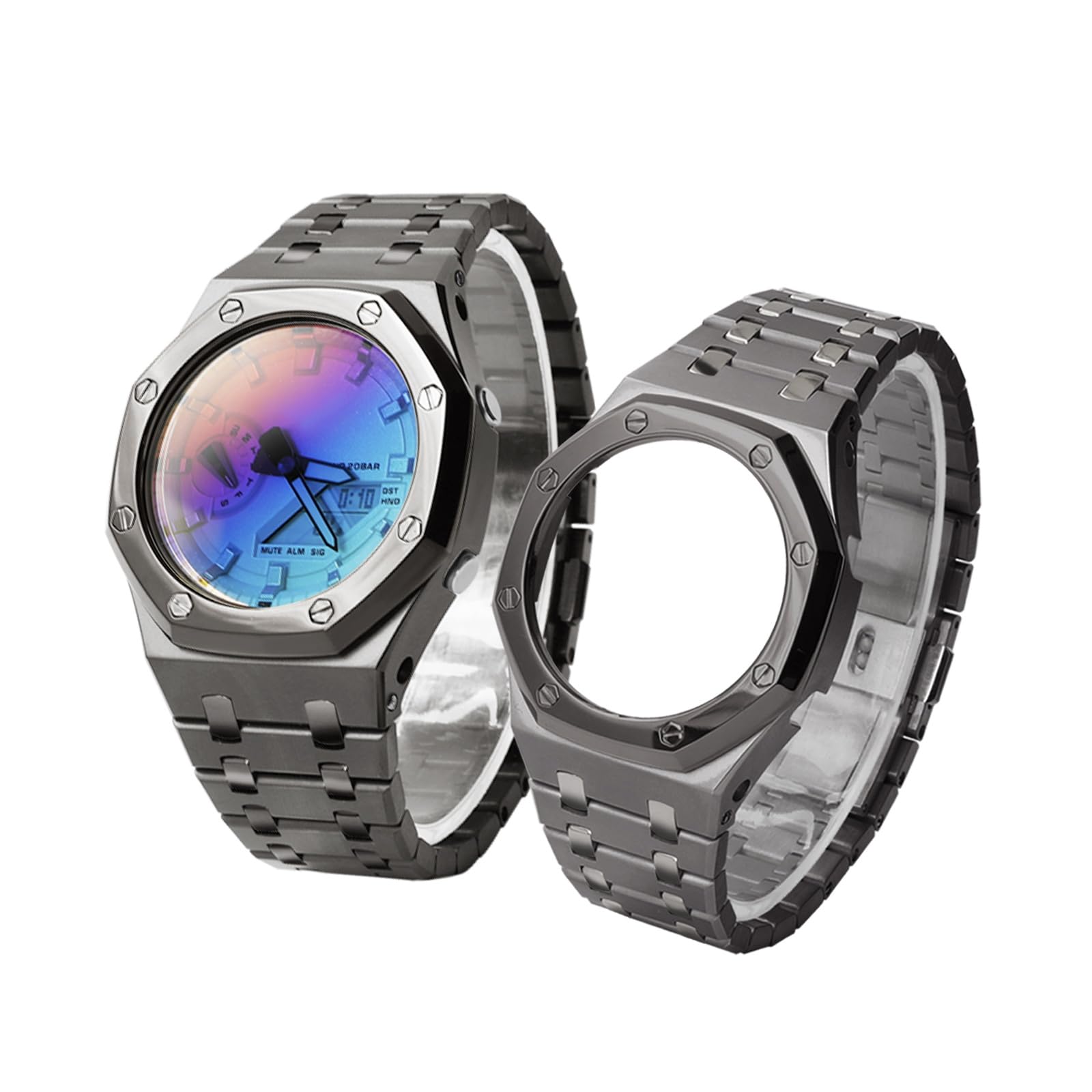 Neuupesen GA-2100 Mod Kit 316L Stainless Steel Sandblasting Case with Polished Bezel Solid Metal Strap for Men's Watch GA-2110 GA-B2100 Part Replacement (Grey metal set, GA-2100/2110/B2100)