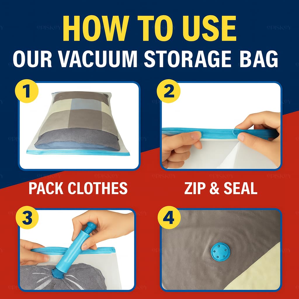 Episkey Vacuum Bags for Packing For Clothes Space Saver Travel Reusable Bags with Pump | 2 Medium Size (50 x 70cm) & 2 Large Size (60 x 80cm) & 1 Jumbo Size (80 x 100cm) With Hand Pump (V_BAG)