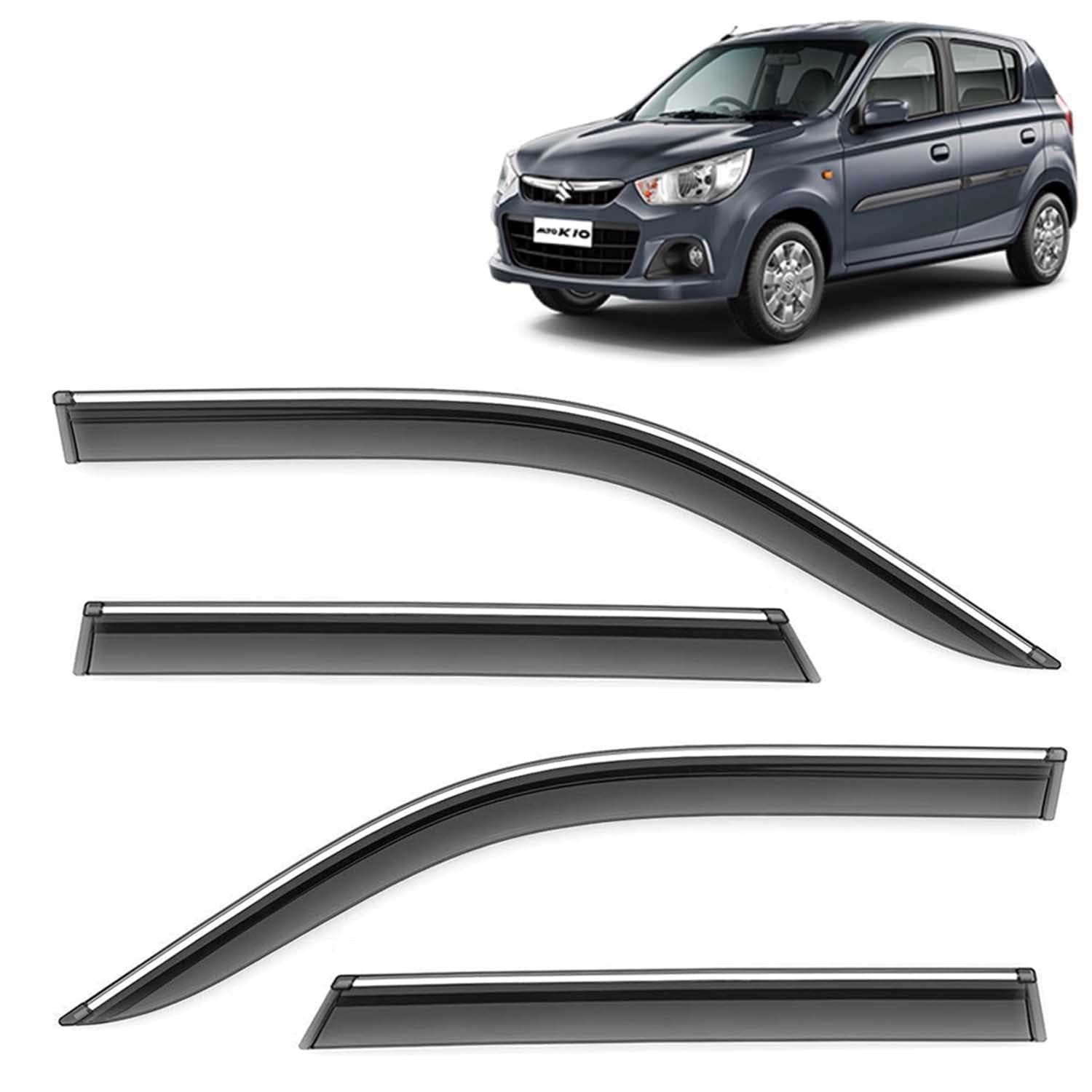Car Compatible Wind Deflectors Rain Guard Door Visor Maruti Suzuki Alto K10 (2014-2022 Model) - Chrome Lined, Polycarbonate, Smoke, Set of 4 Pcs-image-47