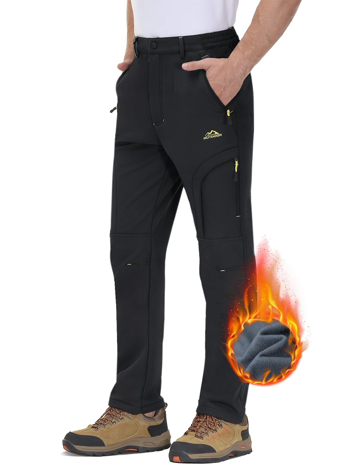 TACVASEN Men's Winter Hiking Pants Ski Snowboard Camping Softshell Pants Waterproof Thermal Fleece Black Cargo