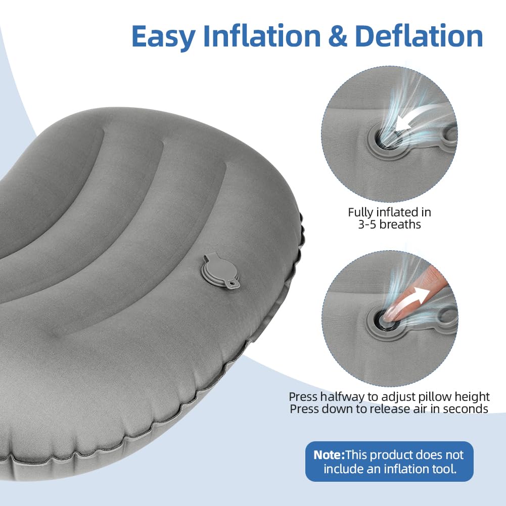 Beugo Almohada Inflable para Viaje/Acampar, Almohada Hinchable Playa portátil TPU, Almohadas de Viaje Comprimible con Funda extraíble y Bolsa, ergonómica, para Oficina, Picnic, Playa, Viajes, Gris