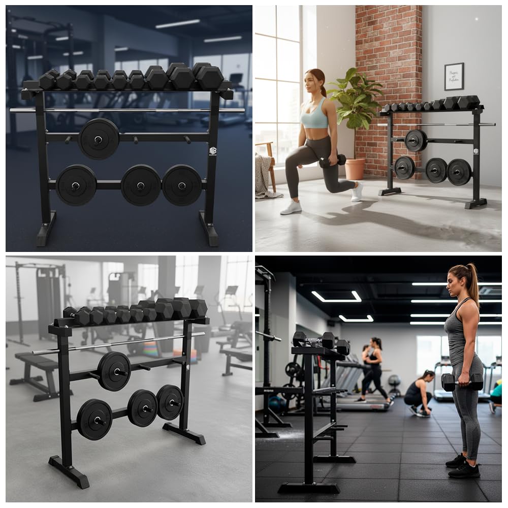 ManiBoom Soporte Mancuernas Casa de Acero 2 Niveles Horizontales + 2 Verticales - Organizador Gimnasio - Estante de Almacenamiento para Pesas Rusas, Barra Esterillas y Mancuerna - Mancuernero