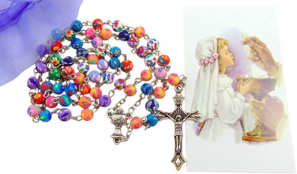 Westmon Works First Holy Communion Rosary Set with Colorful Flower Beads Prayer Card and Bag - Image 3