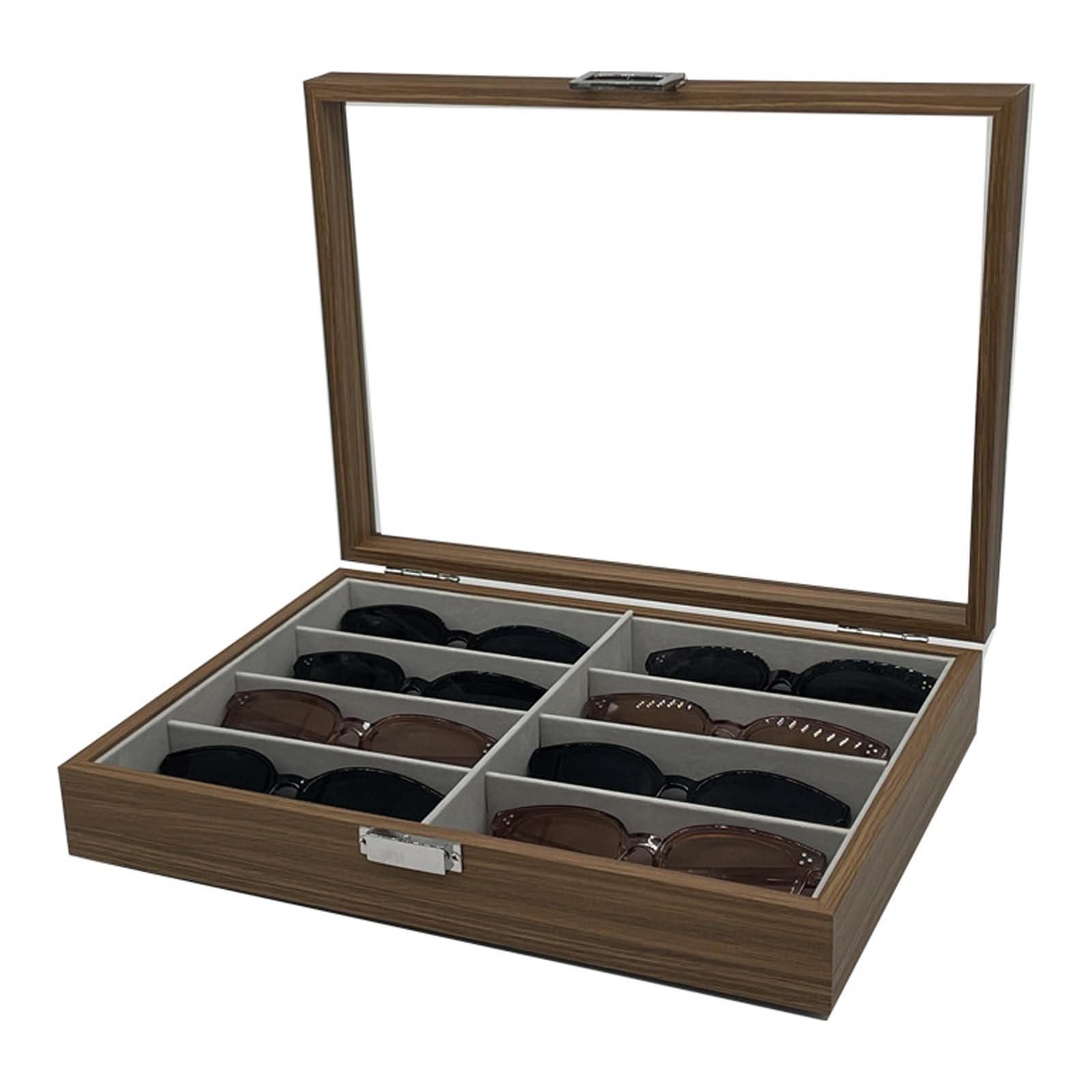 Funktionaler Sonnenbrillen-Organizer mit 8 Schlitzen aus Holz mit grauem Filzfutter, transparente Abdeckung für elegantes Display, Schnellzugriff-Organizer