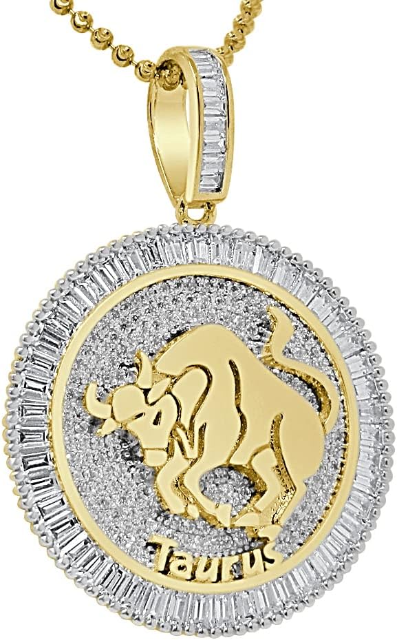 VVS1/D 4.55 Ctw. 14k Solid Yellow Gold Bonded Baguette/Round Cut Lab Grown Diamonds Zodiac Lucky Birth Sign Symbol Astrology Horoscope Pendant Charm Chain Neckless Set Unisex