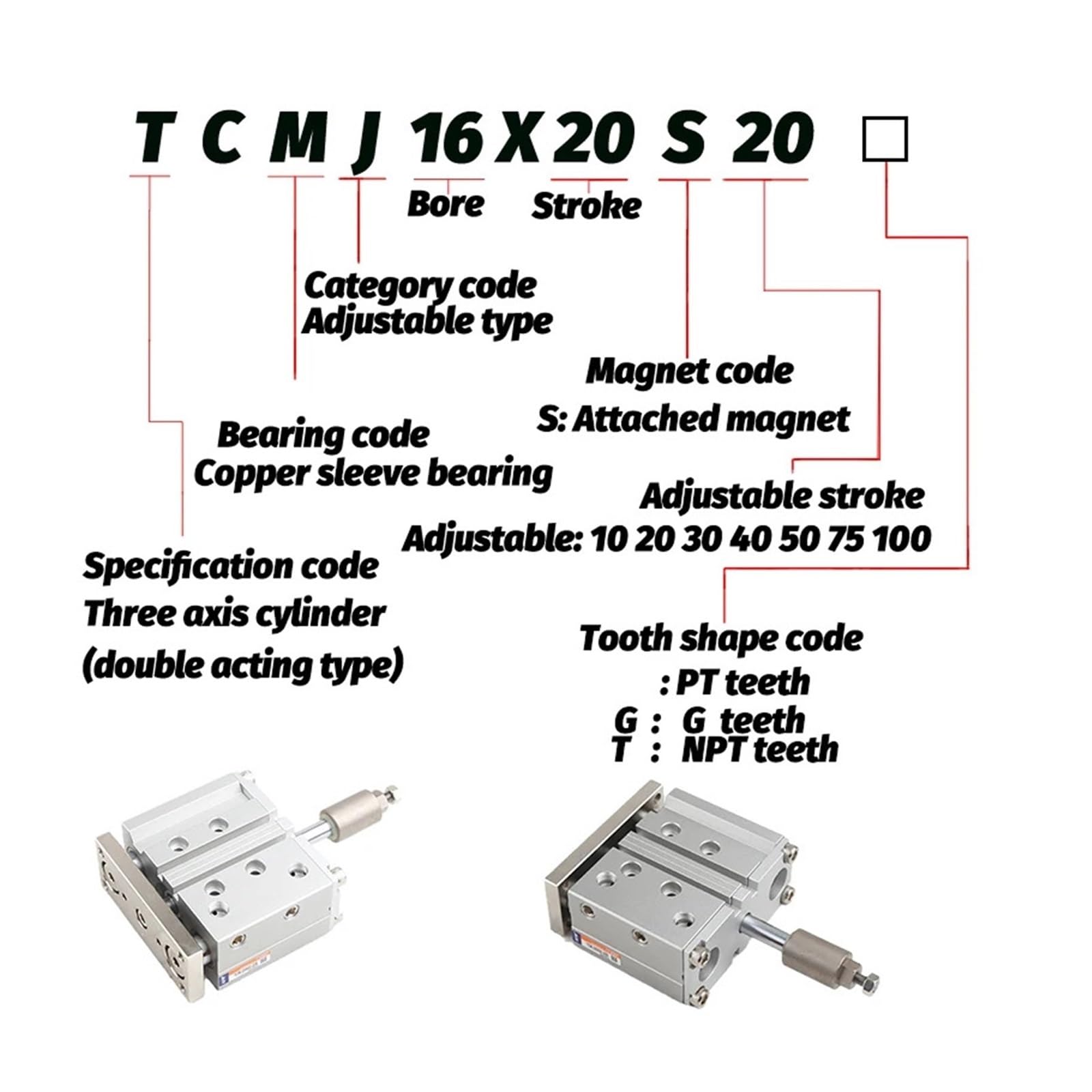 Cilindro a Corsa Regolabile a Tre Assi con Doppia Guida TCLJ32X25-10S TCLJ32X100-25S TCLJ40X25-10S TCLJ16X150-50S TCLJ40X60-20S(TCLJ40X75-25S)
